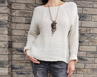Top de linho manga longa | Roupas de linho feitas à mão | Blusa Solta