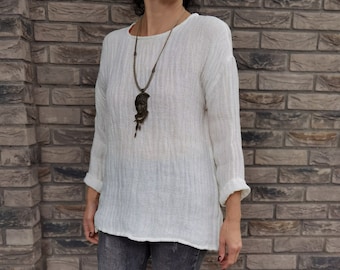 Top de linho áspero manga longa | Roupas de linho feitas à mão | Blusa Solta