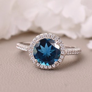 Natural London Blue Topaz Engagement Ring 14K Gold Wedding Ring Anniversary Birthday Gift For Her Promise Ring Round Cut Ring Vintage Ring