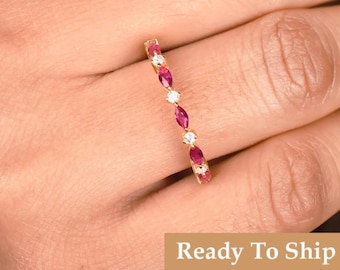 Delicado anillo de rubí rosa en oro de 14 quilates, banda de eternidad de talla marquesa, regalo para seres queridos.