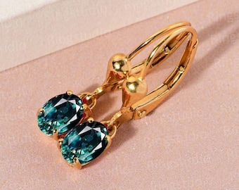 Orecchini a monachella con zaffiro verde acqua, finitura in oro giallo, ovali 7 x 5 mm, gioielli da sposa, regali
