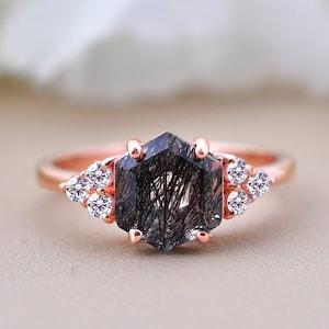 Hexagon Black Rutilated Quartz Engagement Ring, Rose Gold Wedding Rings, Black Stone Engagement Rings, Women Promise Rings, Birthday Gifts
