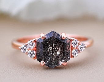 Hexagon Black Rutilated Quartz Engagement Ring, Rose Gold Wedding Rings, Black Stone Engagement Rings, Women Promise Rings, Birthday Gifts