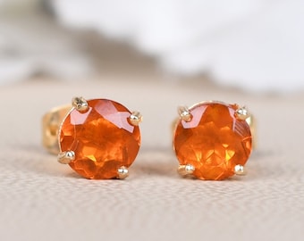 Fire Opal Stud Earrings, Orange Gemstone Everyday Studs, Birthstone Jewelry, Gifts