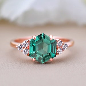 Teal sapphire Ring, Hexagon Green Sapphire Ring, Birthstone Ring, Engagement Wedding Jewelry, Art Deco Bridal Gold Ring, Proposal Ring, Gift