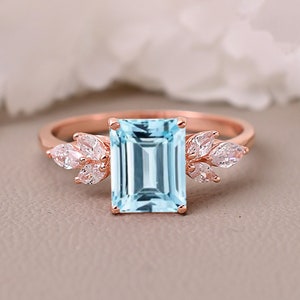 Natural Aquamarine Octagon Ring, Engagement Ring, Marquise Moissanite Flower Ring, Wedding Ring, Proposal Ring, Birthstone Ring,Gift For her