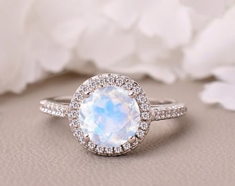 Round Shaped Moonstone Engagement Rings, Moonstone rings, Wedding Halo Rings, Birthstone Rings, Rainbow Rings,Moissanite Accent Diamond Ring