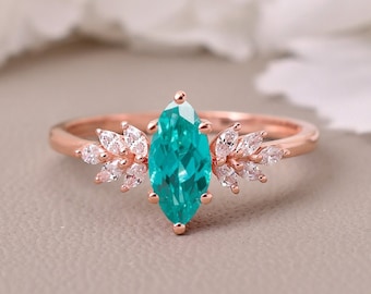 Ice Blue Paraiba Tourmaline Wedding Ring, Marquise Shaped Flower Ring, Tourmaline Engagement Ring, Vintage Paraiba Ring, Bridesmaid Gifts