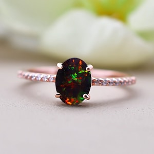 Created Black Opal Bridal Ring, Engagement Ring, Oval Shaped Black Opal Ring, Moissanite Accent Ring, Birthstone Jewelry, Gift For Mother