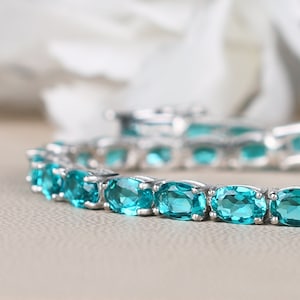 Paraiba Tourmaline Bridal Wedding Bracelet, White Gold Bridal Bracelet, Oval shaped Tennis Paraiba Jewelry Anniversary Gifts For Mother