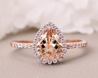 Morganite Engagement Ring, Pear shaped Morganite Ring, Rose Gold Diamond Ring, Morganite Jewelry, Promise Ring, Birthday Gift For Mother,14K