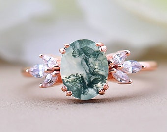 Moss Agate Engagement Ring, Marquise shape 7 Stone Ring, Women Bridal Snowdrift Ring, Round Moss Agate Wedding Ring, Promise Ring For Her