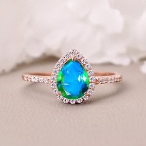 Unique Peacock Quartz Engagement Bridal Ring, Quartz Pear Cut Wedding Ring, Peacock Stone Cluster Ring, Birthstone Ring, Quartz Promise Ring