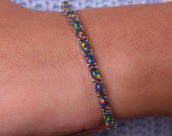 Oval Black Opal Tennis Bracelet, Fire Opal Wedding Jewelry, Anniversary Gifts For Mother