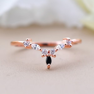 Black Onyx Curved Wedding Band, Moissanite/Diamond Engagement Ring, Marquise Cut Unique Ring Bridal Ring Anniversary Ring, Onyx Curved Band