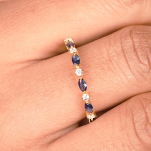 Blue Sapphire Ring, 14K Solid Gold Wedding Engagement Ring, Dainty Stacking Infinity band Ring For Women, Marquise Half Eternity Band, Gifts