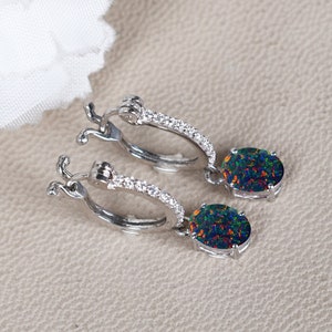 Created Black Opal Dangle Earring, Opal Leverback Earring, Birthstone jewelry, 14k white gold Oval Cut Opal Earring, Bridal wedding Gifts