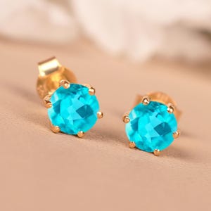 14K Paraiba Tourmaline Round Earring, Yellow Gold Paraiba Dainty Studs, Anniversary Gifts, Affordable Neon Blue Jewelry, 6 Prong Stud Gifts