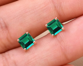 Pendientes de esmeralda verde minimalistas de corte cuadrado, pendientes de oro de 4 quilates, joyas de promesa, regalos para hija