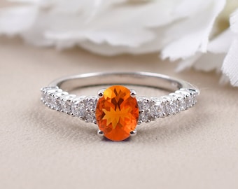 Fire Opal Wedding Ring, Oval Cut Opal Ring, Engagement Ring, Opal Jewelry, Orange Stone Bridal Ring, Moissanite Accent Ring, Birthstone Ring