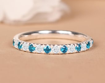 Swiss Blue Topaz Moissanite Full Eternity Band, 14K Gold Wedding Ring, Gifts