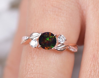 Created Black Opal Ring, Engagement Ring, 14K Rose Gold Leaf Ring, Black Gemstone Bridal Ring, Dainty Wedding Ring,Unique Black Opal Jewelry