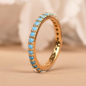 Solid 14K Yellow Gold Turquoise Wedding Band For women Full Eternity with 2.0mm Turquoise stone Band Dainty Stackable Minimalist Modern Band