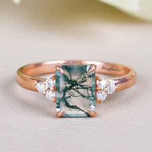 Anello di fidanzamento in agata muschiata taglio ottagonale, anello nuziale Art Déco, anello geometrico, anello nuziale, regalo di anniversario per lei, anello Snowdrift, gioielli