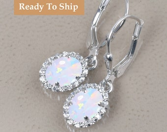 Ethiopian Opal Halo Earrings, White Gold Leverback, Bridal Jewelry, Statement Drop Earring, Anniversary Gifts