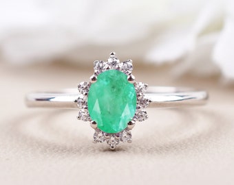 Natural Green Emerald Ring, Dainty Wedding Ring, Solid 14K White Gold Ring, Emerald Promise Ring, Anniversary Gifts, Emerald Halo Ring, Gift