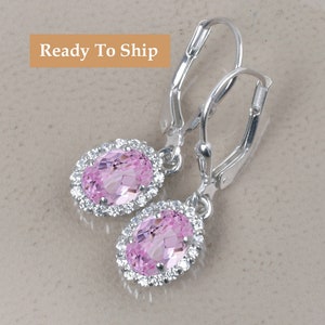 14K Rose Gold Pink Sapphire Halo Earring, Women&#39;s Bridal Earring, Oval Shaped Pink Sapphire Jewelry, Pink Sapphire Lever Back Earring, Gifts