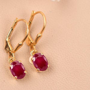 14K Yellow Gold Ruby Dangle Earrings, Leverback Bridal Wedding Jewelry, Gifts For Love image 4