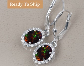 Black Opal Leverback Earrings, Diamond Halo, 14K White Gold Opal Wedding Jewelry, Elegant Drop Earring, Gifts For Mother