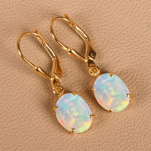 Unique Opal Leverback Earring, Unique Rainbow Opal Gemstone Earring, Oval  9x7MM Cut Gold Earring, Opal Drop & Dangle Earring, Promise Gifts