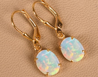 Ethiopian Opal Leverback Earrings, Rainbow Gemstone, 14K Gold Opal Wedding Jewelry, Anniversary Gifts for Mother