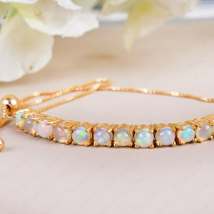Natural 14K Yellow Gold Opal Bracelet, Adjustable Chain Bracelet, Bracelet For Women, Slider Bracelet, Bridal Bracelet Gift For Her, Jewelry