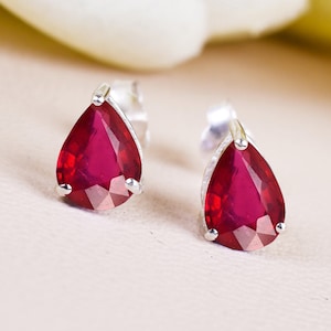 Pear Ruby Stud Earrings, Anniversary Gifts For Mother, Wedding Jewelry