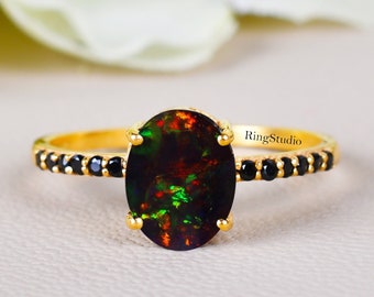 Anello ovale con opale nero, oro giallo 14 carati, regali personalizzati per lei, anelli con opale