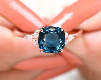 14K Gold London Blue Topaz Ring, Cushion Cut, Moissanite Accent Topaz Jewelry, Gifts