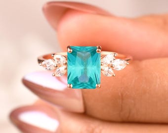 Anillo de turmalina Paraiba con talla esmeralda en forma de flor, anillo de compromiso floral talla marquesa, regalos para el Día de la Madre