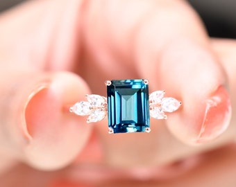 Emerald Cut London Blue Topaz Ring ,Engagement Ring ,14K Rose Gold Marquise Cut Diamond Ring, Wedding Promise Ring,Anniversary Gifts For Her