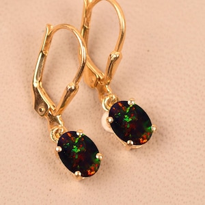 Genuine Black Opal Leverback Earring, Opal Drop & Dangle Earring, Unique Black Gemstone Earring, Oval Cut Earring, Birthday Gifts for Love