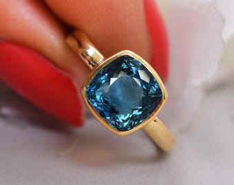 Cushion Cut London Blue Topaz Ring, 14K Yellow Gold Engagement Rings, Topaz Jewelry