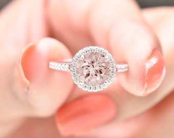 Morganite Halo Ring, 14K Solid Gold Promise Ring, Round Bridal Wedding Jewelry, Proposal Gifts