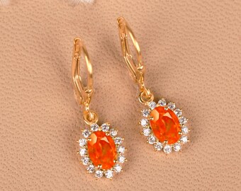 Fire Opal Halo Bridal Leverback Gold Earring, 14K Yellow Gold Bridesmaid Jewelry For Women, Anniversary Wedding Gifts