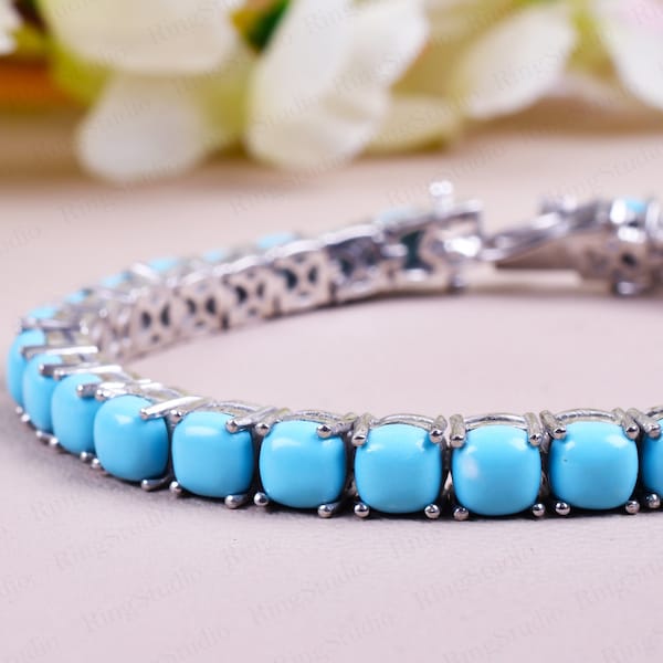 Turquoise Tennis Bracelet, Cushion Cut Turquoise Bracelet, Women Bracelet, Gift For Wife,Chain bracelet, Birthstone Jewelry,Anniversary Gift