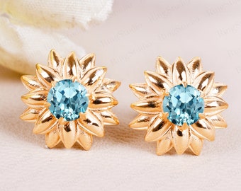 14K Yellow Gold Aquamarine Flower Stud Earrings, Bridal Jewelry, Promise Gifts