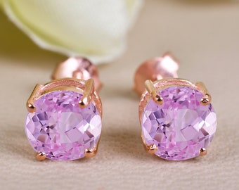 14K Rose Gold Pink Sapphire Stud Earrings, Classic Everyday Studs, Sapphire Bridal Jewelry, Anniversary Gifts For Her