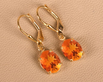 Fire Opal Leverback Earrings, Oval Cut Gemstone 14K Gold Opal Wedding Jewelry, Bridal Drops, Anniversary Gifts For Mother