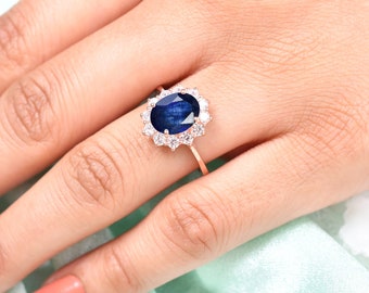 Unique Art Deco Sapphire Ring, Rose Gold Ring, Vintage Genuine Sapphire Engagement Promise Ring, Princess Diana Ring, September Birthstone